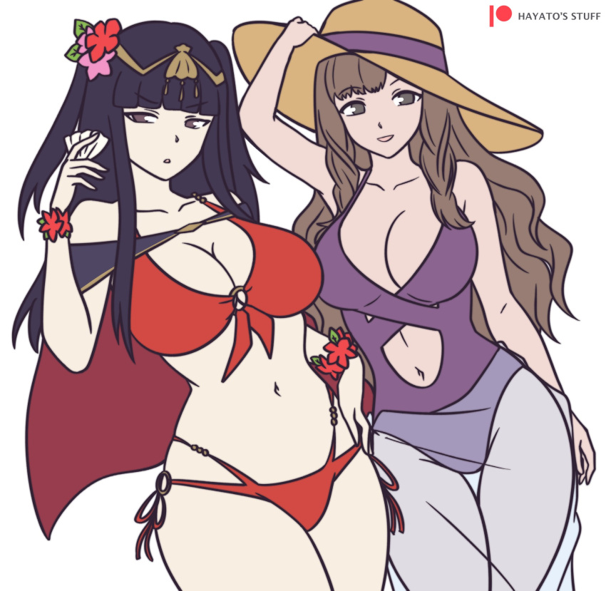 2girls alternate_costume bikini black_hair breasts brown_hair cape female female_only fire_emblem fire_emblem_awakening fire_emblem_heroes hayato_stuff hibiscus large_breasts long_hair navel navel_cutout nintendo official_alternate_costume one-piece_swimsuit purple_one-piece_swimsuit purple_swimsuit red_bikini red_swimsuit sarong sumia_(fire_emblem) sun_hat swimsuit tharja_(fire_emblem) tharja_(summer)_(fire_emblem)