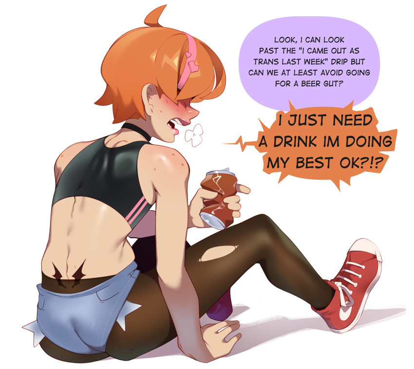 absurd_res back_tattoo beer_can blush choker combos-n-doodles dialogue english_text girly hair_over_eyes hairband heavy_blush jean_shorts minishorts offscreen_character orange_hair pantyhose rear_view sitting solo speech_bubble tattoo topwear