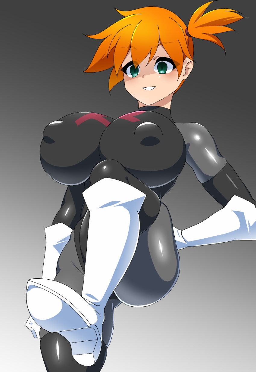 adapted_costume asymmetrical_hair boots breasts cosplay cowboy_shot creatures_(company) crop_top enemy_conversion female female_focus game_freak gloves green_eyes gym_leader hair_tie highres huge_breasts kasumi_(pokemon) large_breasts legs looking_at_viewer navel nintendo nipples orange_hair pokemon pokemon_(game) pokemon_rgby ponytail short_hair side_ponytail simple_background smile solo team_rocket team_rocket_(cosplay) team_rocket_uniform thick_thighs thighs wardrobe_malfunction wide_hips xenoxeno