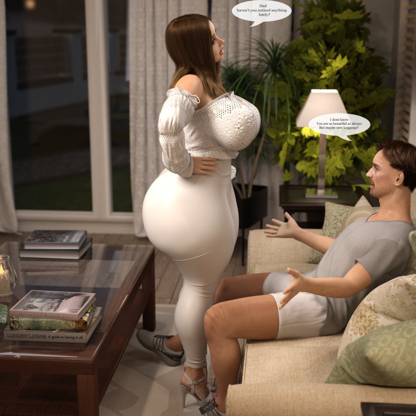 ass breasts brown_hair brown_hair_female brunette busty clothing couch fat_ass fat_ass_teen father_and_daughter female heels male massive_ass massive_breasts pawg rev2019 table tight_clothing