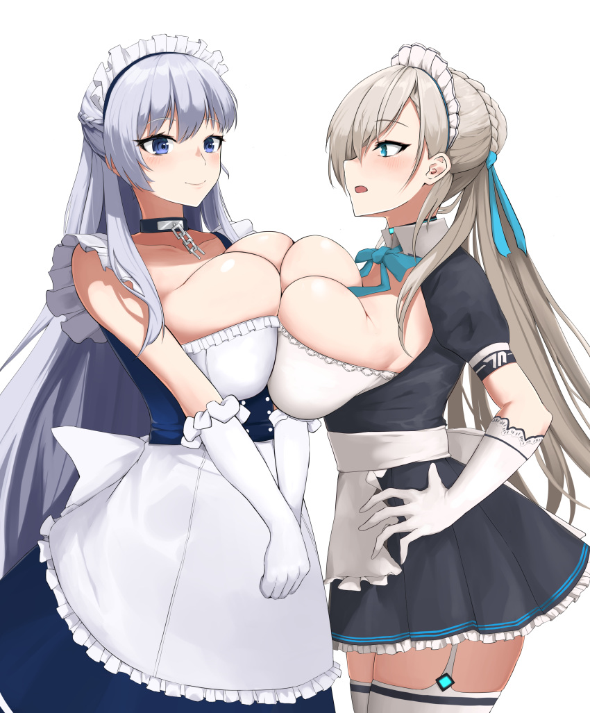 2girls absurdres apron asuna_(blue_archive) azur_lane belfast_(azur_lane) black_choker blue_archive blue_eyes braid breast_cutout breast_press breasts broken broken_chain chains choker cleavage crossover framed_breasts french_braid frilled_apron frilled_hairband frills garter_straps gloves hairband hand_on_own_hip highres huge_breasts light_brown_hair light_purple_hair long_hair maid_headdress multiple_girls ojisan_f purple_eyes short_sleeves simple_background symmetrical_docking thighhighs v_arms very_long_hair waist_apron white_apron white_background white_garter_straps white_gloves white_thighhighs zettai_ryouiki