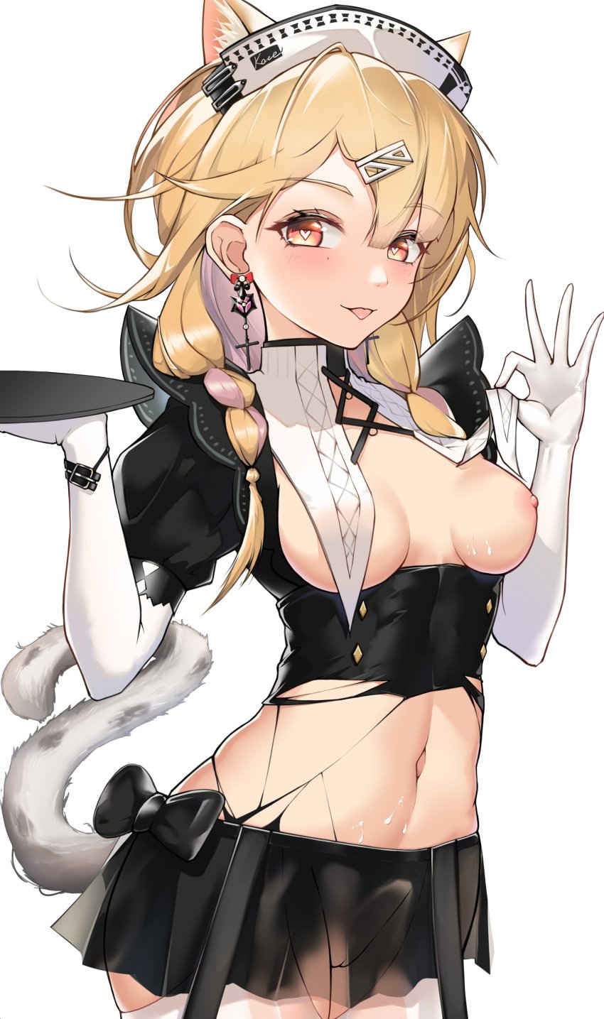 1girls 2023 arknights belly blonde_hair blondle_hair breasts cat_ears cat_tail catgirl earrings gloves hi_res kazemaru_(arknights) kemonomimi light-skinned_female light_skin maid maid_uniform medium_breasts nipples redust simple_background smile solo standing tail tongue tongue_out