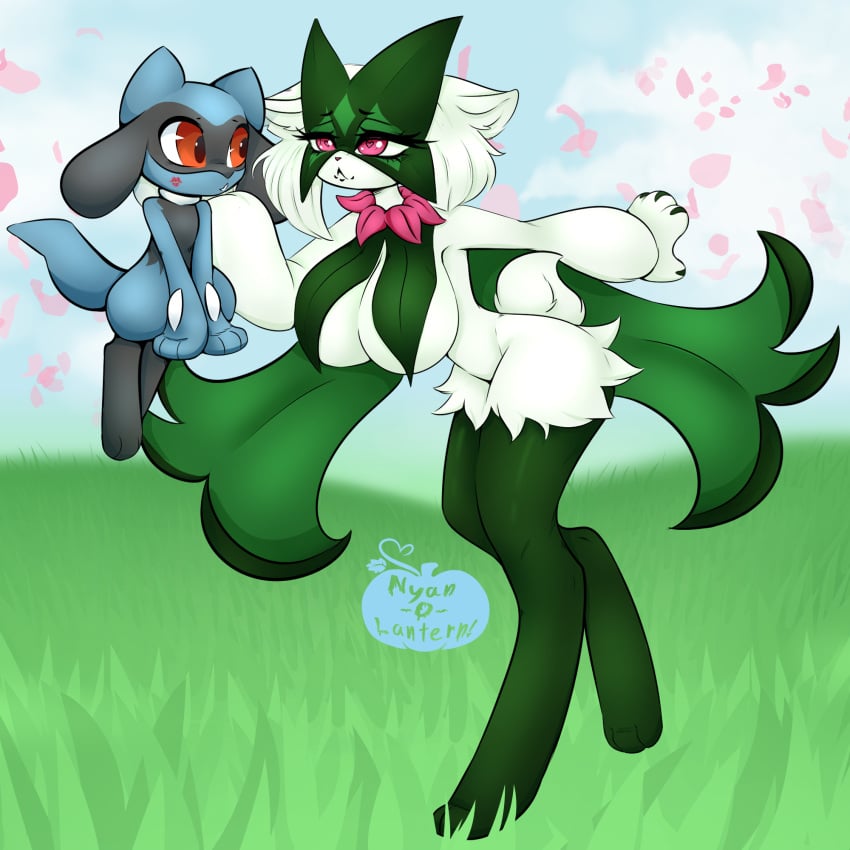 anthro big_breasts blue_fur breasts furry furry_only game_freak grass grass_field grass_type green_fur green_hair large_breasts meowscarada nintendo nyan_o_lantern(artist) pink_eyes pokemon pokemon_(species) pokemon_sv riolu slim_waist small_hips small_waist smaller_male thin_waist