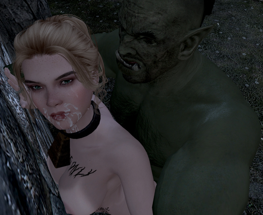 3d against_wall bell_collar blonde_hair body_writing cum_on_face fallingtho female gerdur green_eyes interracial light-skinned_female light_skin male orc orc_male outside skyrim standing