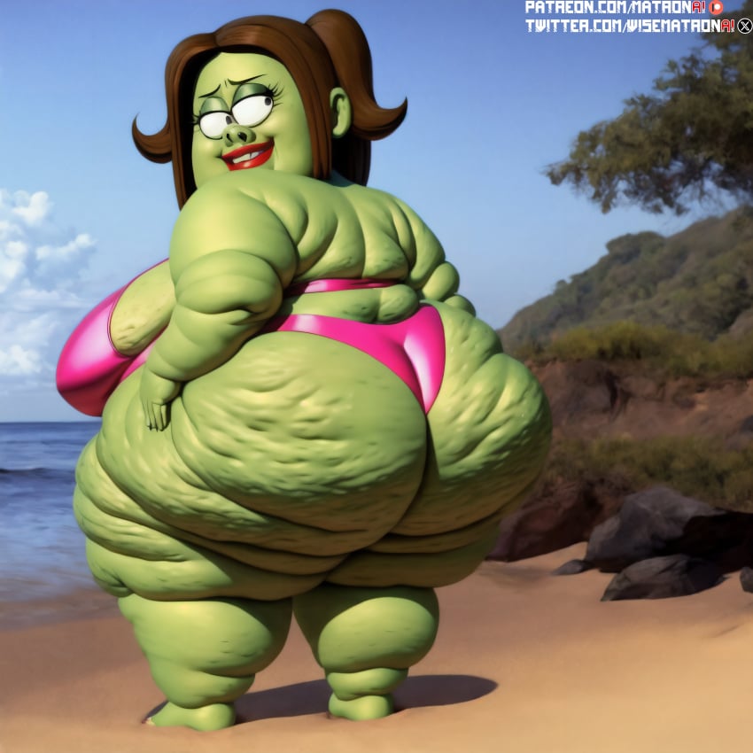 1girls 4k ai_generated bbw beach bikini brown_hair butt_focus cartoon_network cellulite chubby_female fat fat_woman female female_focus female_only green_skin highres hyper large_breasts matronai_(artist) obese obese_female overweight overweight_female patreon patreon_username pinup regular_show solo solo_female solo_focus ssbbw stable_diffusion starla_(regular_show) thick_thighs twitter_username what wide_hips