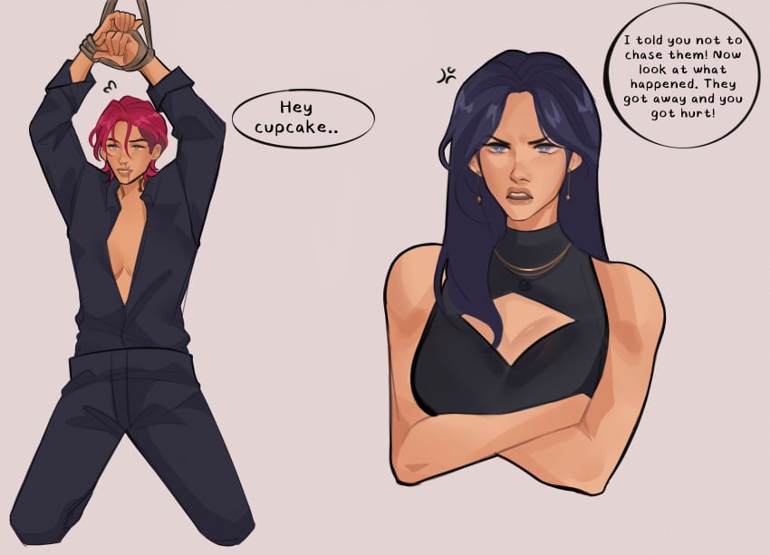 2girls annoyed arcane arcane_caitlyn arcane_vi arms_up blue_hair bodysuit caitlyn_kiramman cleavage comic dialogue dress league_of_legends lesbeanlatte long_hair medium_breasts necklace pink_hair riot_games sapphyxiate short_hair tied_hands vi yuri