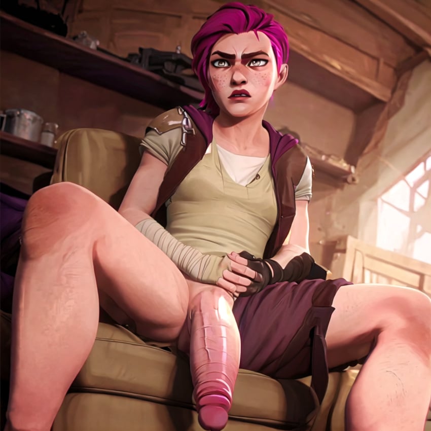 1futa ai_generated annoyed annoyed_expression arcane arcane_vi bandaged_arm big_penis dirty_face fingerless_gloves flaccid flaccid_penis freckles futa_only futanari grey_eyes hood_down jacket league_of_legends open_jacket pants_pull pink_hair riot_games self_upload short_hair small_breasts solo soplon spread_legs teenage_girl teenager tomboy uncensored uncensored_version_at_source vi white_shirt