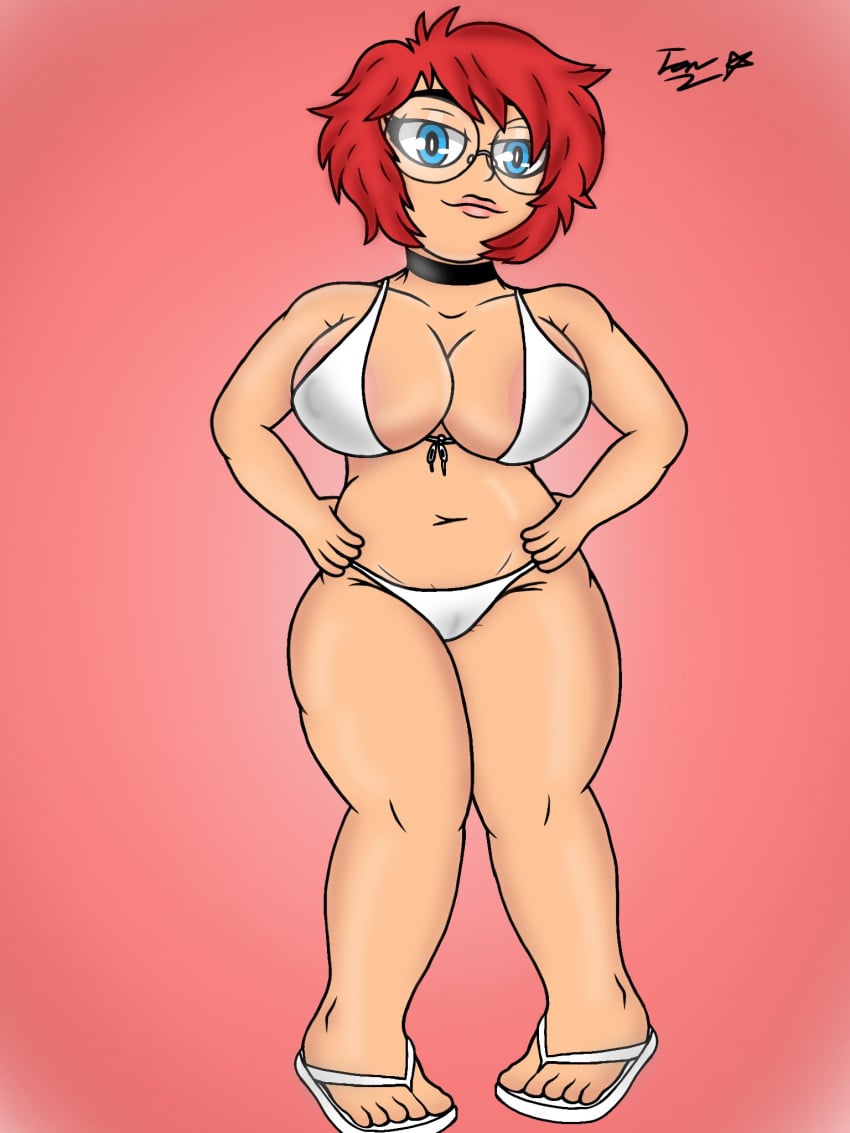 2022 big_ass big_breasts bikini blue_eyes choker digital_art fanart glasses ibispaintx icynsfw maxine_(balak) milf nipples_visible_through_clothing red_hair red_lipstick sandals swimsuit