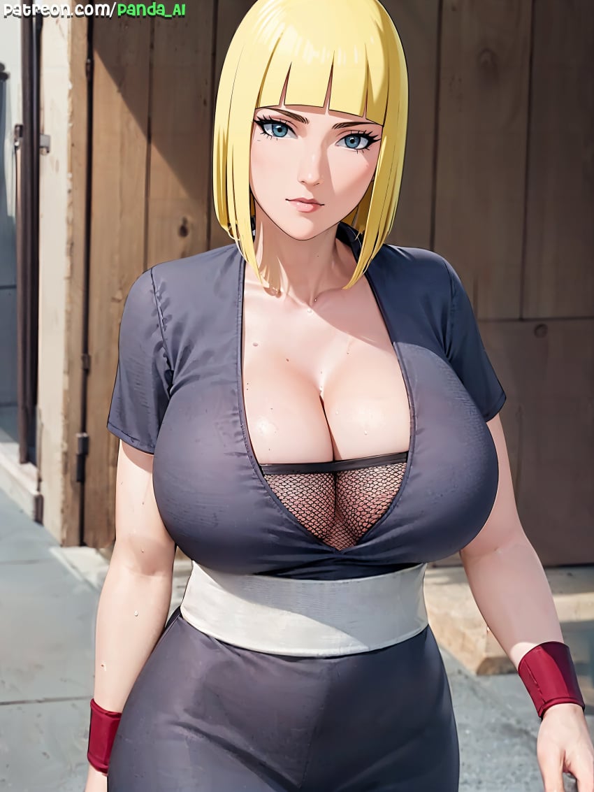 1girls ai_generated big_breasts blonde_hair blue_eyes blunt_bangs bob_cut breast_focus breasts breasts_bigger_than_head bust busty cleavage dress expressionless eyelashes facing_viewer feet_out_of_frame female female_only fishnets front_view hourglass_figure huge_breasts kunoichi large_breasts light-skinned_female light_skin looking_at_viewer mature mature_female mature_woman mesh mesh_shirt nai_diffusion naruto naruto_(series) naruto_shippuden ninja no_bra oppai outdoors paipan pale-skinned_female pale_skin panda_ai patreon_username pink_lips sagging_breasts samui shiny shiny_hair shiny_skin short_hair solo solo_focus stable_diffusion staring staring_at_viewer text top_heavy top_heavy_breasts upper_body url voluptuous walking walking_towards_viewer watermark web_address