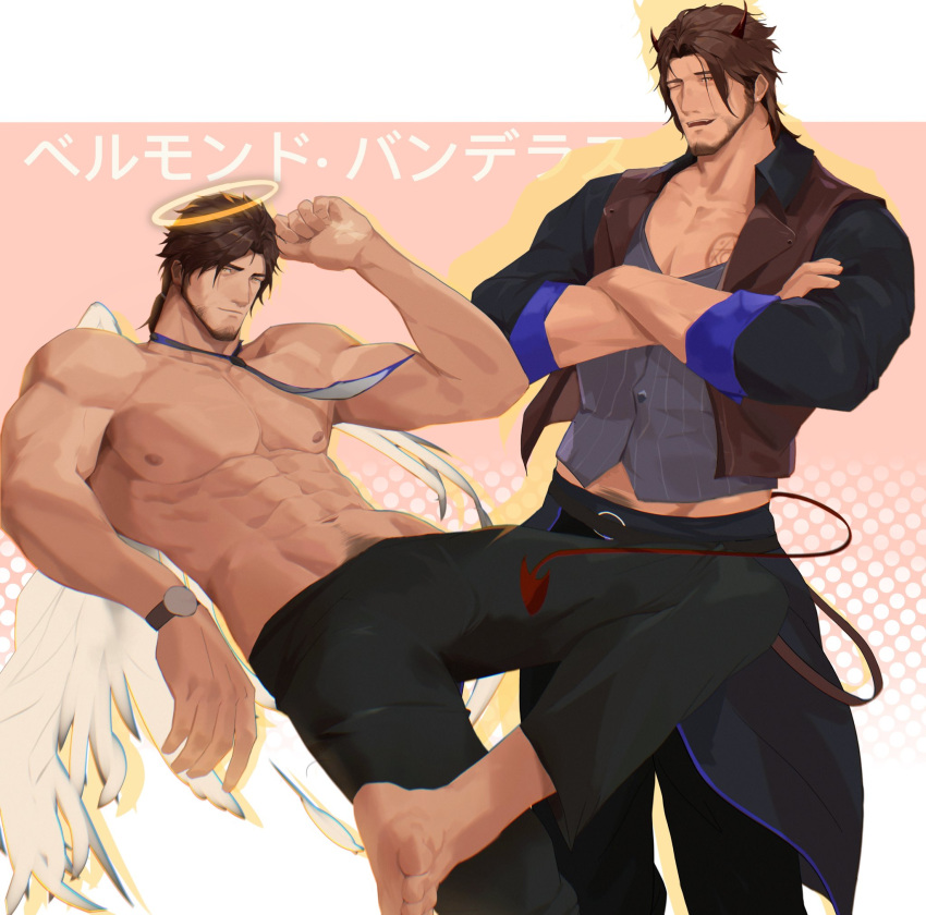 1boy 2023 abs bara barazoku beard belmond_banderas biceps brown_hair clothing facial_hair gay hairy hi_res highres lixiao6342 male male_focus male_nipples male_only male_pubic_hair manly muscles muscular muscular_arms muscular_male nijisanji nipples pecs solo solo_male virtual_youtuber vtuber