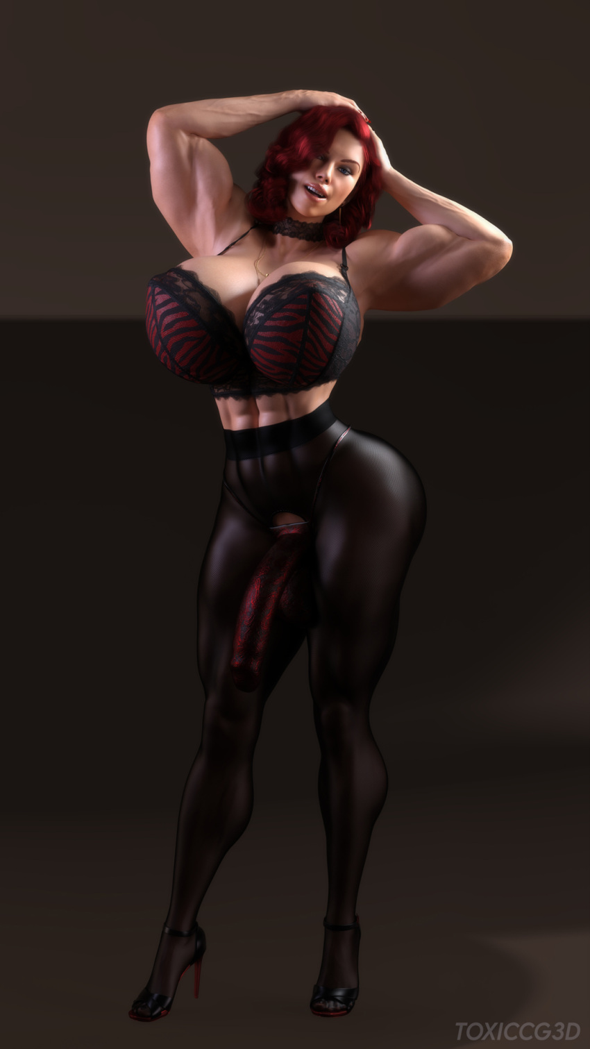 1futa 3d armpits athletic_futanari balls big_breasts black_widow_(marvel) bra busty dickgirl futa_only futanari high_heels hourglass_figure lingerie marvel muscles muscular muscular_futanari nylons pantyhose penis pinup solo testicles toxiccg3d