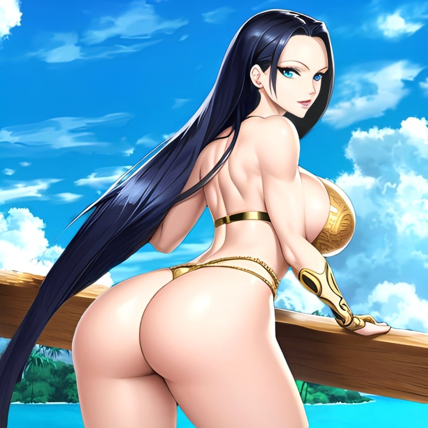 1girl 1girls ai_generated amazonian anime anime_style ass athletic athletic_female backside beach big_ass big_breasts big_butt bikini bikini_bottom bikini_top black_hair blue_eyes boa_hancock bubble_butt dark_hair enmashusui fanart female female_only fit fit_female gold_(metal) gold_bikini golden_bikini hair huge_breasts island leaning leaning_forward leaning_on_object leaning_on_wall light-skinned_female light_skin long_hair looking_at_viewer looking_back massive_breasts milf neutral_expression ocean one_piece pinup pirate rear_view resting_arm sea sideboob tall tall_girl thick thick_ass thick_legs thick_thighs thong thong_bikini tight_fit toned toned_body toned_female two_piece_swimsuit viewed_from_behind