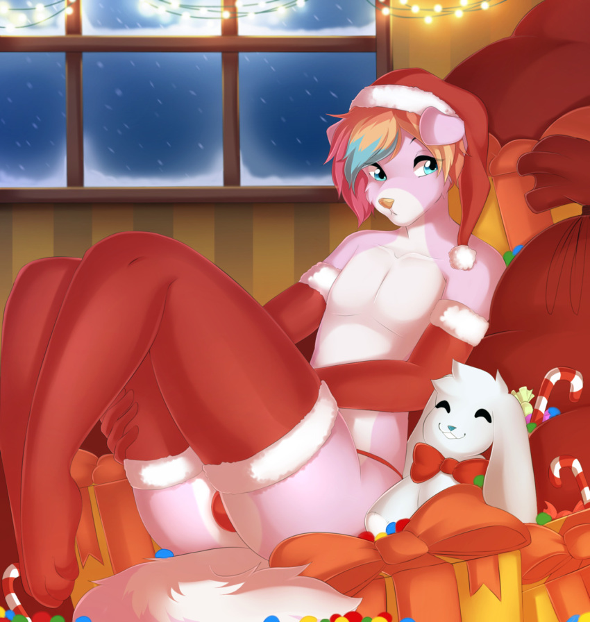 10s 1boy 2017 alaskan_malamute blue_highlights christmas christmas_clothing femboy floppy_ears furry gift gloves hand_on_leg hat headwear male male_only mammal nakota orange_hair pink_fur plushie santa_hat thighhighs twink two_tone_hair weeniewonsh