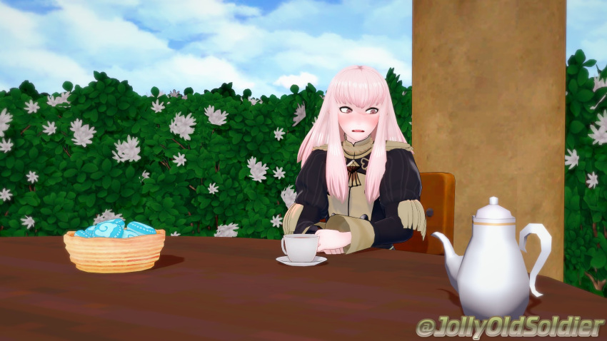 1girls 3d bangs basket blush breasts chair female female_only fire_emblem fire_emblem:_three_houses garreg_mach_monastery_uniform jollyoldsoldier long_hair long_sleeves lysithea_von_ordelia nintendo outdoors pink_eyes pink_hair small_breasts solo table tea teacup teapot