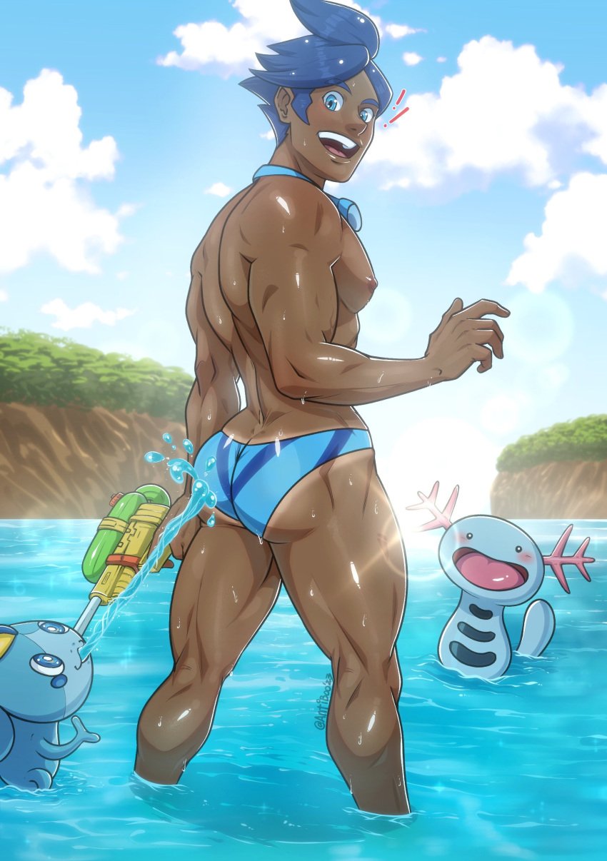 3boys antibooart ass back_muscles back_view bara blue_eyes blue_hair bubble_ass bubble_butt dark-skinned_male gay gay_male goggles goggles_around_neck happy looking_back looking_back_at_viewer male male_only marlon_(pokemon) muscular_arms muscular_calves muscular_male muscular_thighs noticing pokemon pokemon_bw pokemon_bw2 smiling smiling_at_viewer sobble solo speedo standing_in_water tan_line underwear video_games water_gun wooper yaoi