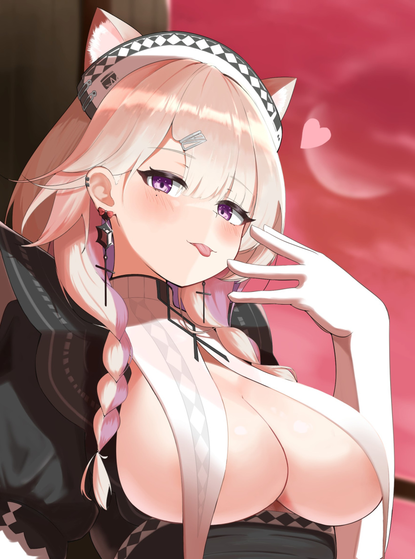 1girls 2023 arknights bare_breasts bare_shoulders big_breasts blonde_hair blondle_hair breasts cat_ears catgirl earrings gloves heart hi_res kazemaru_(arknights) kemonomimi light-skinned_female light_skin looking_at_viewer maid maid_uniform nipples no_bra pcaccount13 purple_eyes smile solo standing tongue tongue_out upper_body