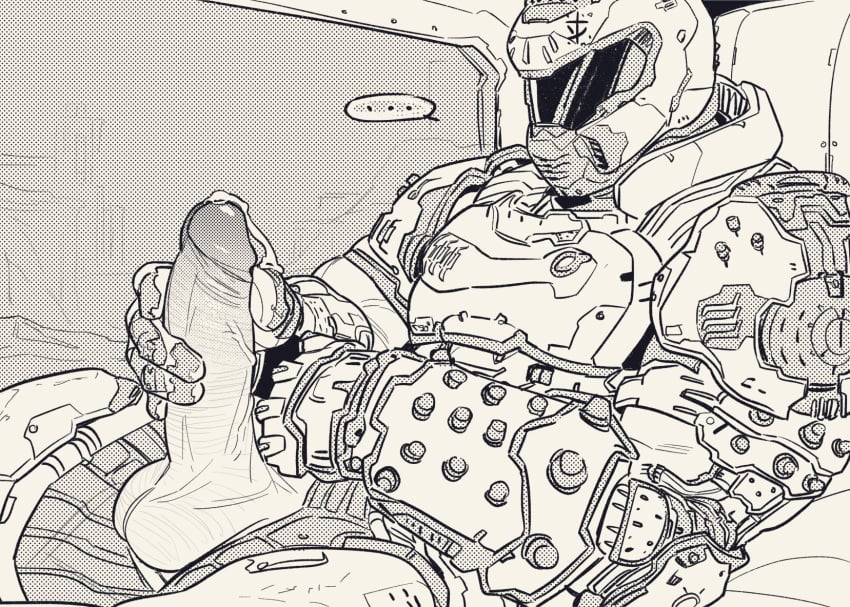 1boy 2022 armor balls bara barazoku bethesda_softworks big_balls big_penis cum cum_drip cum_dripping_from_penis doom doom_slayer_(doom) erection francishsie gay genital_fluids hand_on_penis hard_on helmet hi_res highres male male_focus male_only manly masturbation monochrome penis solo solo_male testicles touching_penis vein veiny_penis