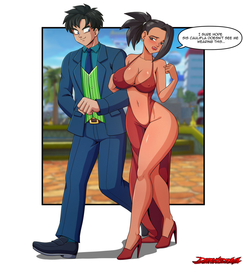 1boy 1girls avalewds daphne_dress dark_hair dark_skin dragon_ball dragon_ball_super english_text female heels kale male nervous nipple_outline precarious_clothing revealing_clothes text