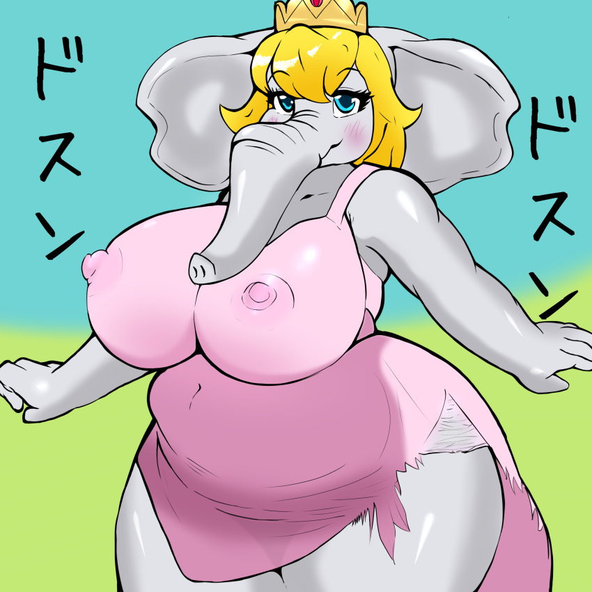 anthro bedroom_eyes belly big_belly blonde_hair blue_eyes clothing dress elephant elephant_peach elephantid eyebrows female gold_crown grey_body grey_skin hair hi_res japanese_text mammal mario_(series) narrowed_eyes navel nintendo nipple_outline nipples overweight overweight_anthro overweight_female princess_peach proboscidean seductive solo super_mario_bros._wonder text thick_thighs tonbi torn_clothing torn_dress translation_request