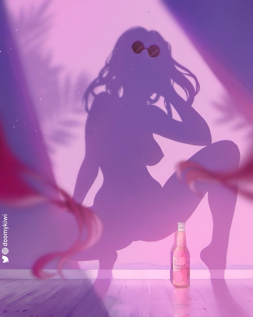 1girls absurdres bottle completely_nude completely_nude_female doomykiwi eyewear_removed female female_only full_body glasses highres honkai:_star_rail honkai_(series) kafka_(honkai:_star_rail) long_hair myth1c naked naked_female nude nude_female pink_background round_eyewear shadow silhouette solo solo_female