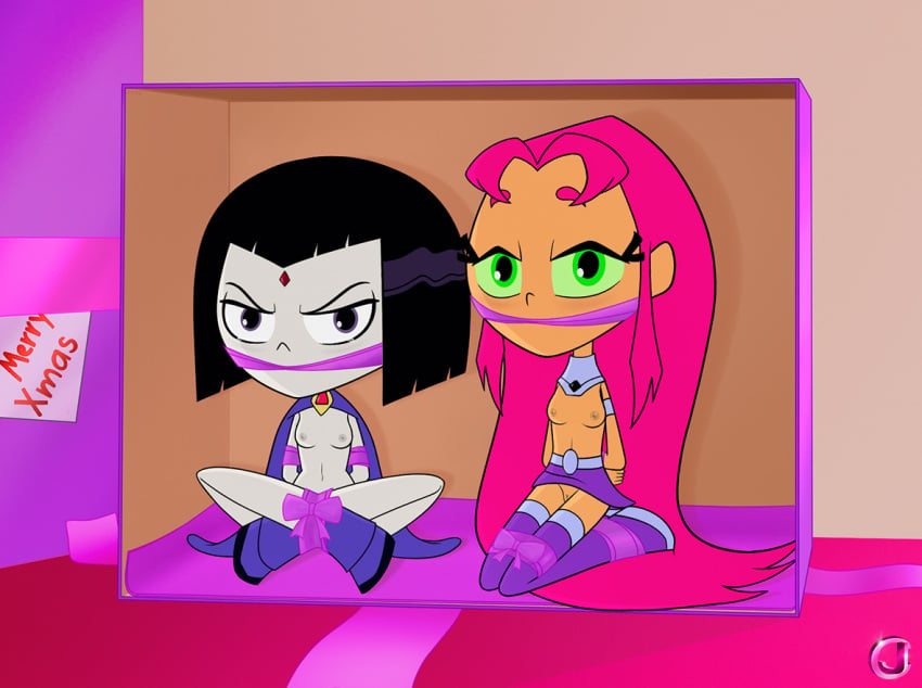 accurate_art_style black_hair bondage breasts christmas dc female female_only green_eyes jcdw koriand'r pink_hair rachel_roth raven_(dc) starfire tagme teen_titans teen_titans_go