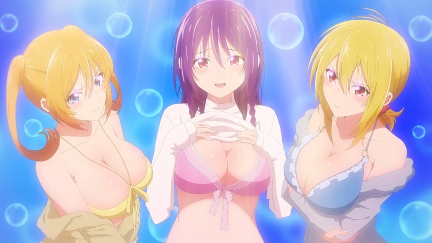 3girls aoba_tsukuyo aoba_yuzuki blonde_hair blue_eyes blush bra breasts clothing large_breasts looking_at_viewer mia_christoph multiple_girls open_mouth orange_eyes presenting purple_hair red_eyes screencap tenpuru