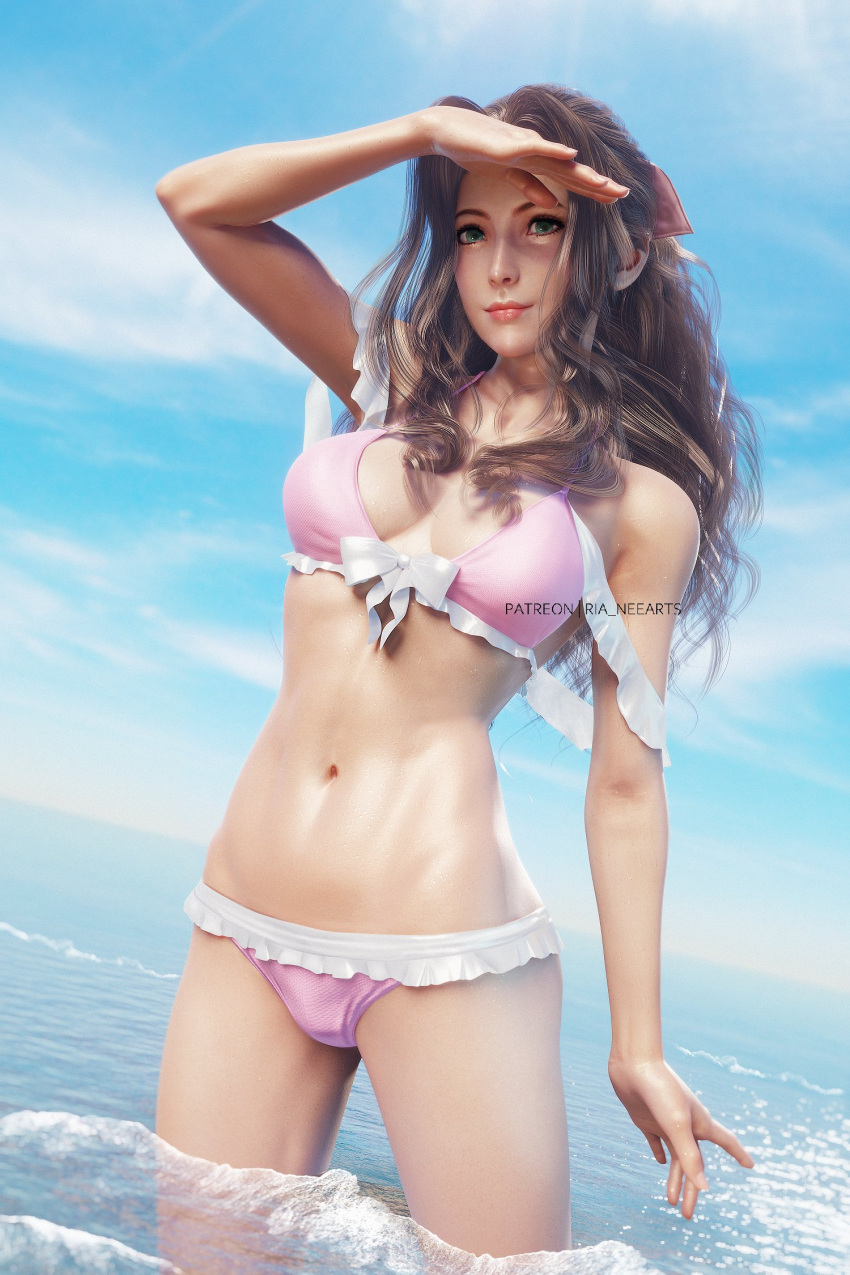 aerith_gainsborough ai_generated bikini brown_hair final_fantasy final_fantasy_vii final_fantasy_vii_remake green_eyes ria-neearts summer swimsuit