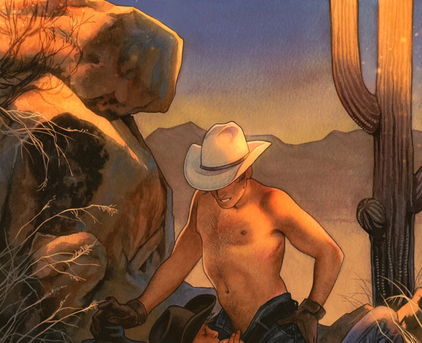 2boys arm_hair bara cactus chest_hair clothed_sex cowboy_western desert dovegraveyard_(artist) fellatio from_side hairy happy_sex highres male_focus mature_male multiple_boys navel navel_hair oral original out-of-frame_censoring outdoors paid_reward_available pectorals short_hair stomach sunset thick_eyebrows toned toned_male wayriding_(dovegraveyard) yaoi