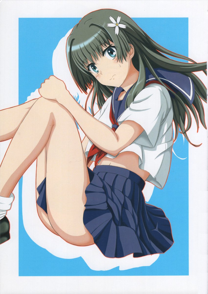 10s 1girls 2015 absurd_res anklehighs ass bare_legs black_hair female flower green_eyes hair_flower hair_ornament hi_res ken'ichi_(silvian125jp) light-skinned_female light_skin long_hair long_legs looking_at_viewer miniskirt navel sakugawa_school_uniform saten_ruiko scan school_uniform schoolgirl serafuku sitting socks solo teenage_girl teenager to_aru_kagaku_no_railgun to_aru_majutsu_no_index turn_cuff_socks white_socks young