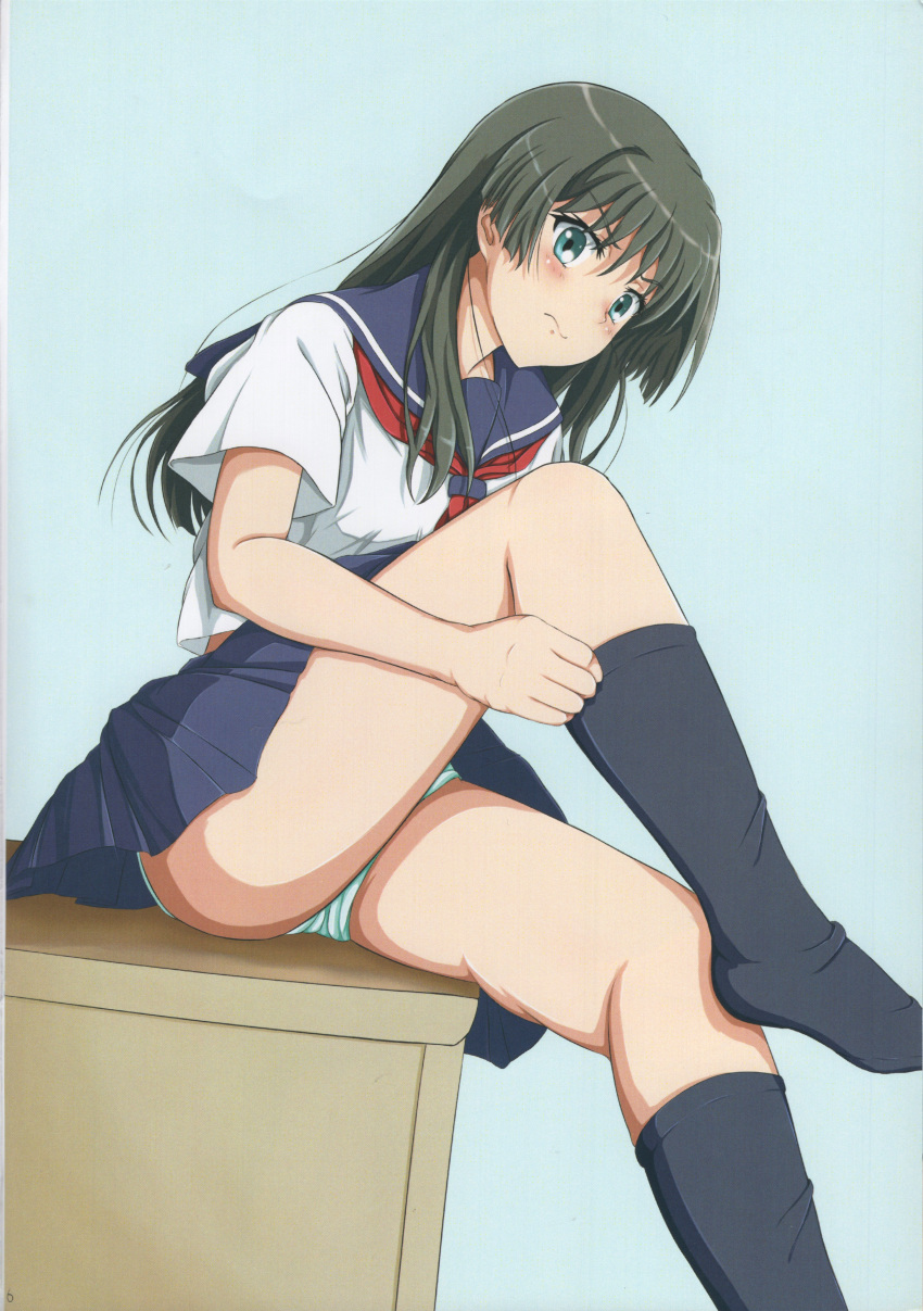 10s 1girls 2015 absurd_res bare_legs black_hair black_socks blue_eyes blush female frown hi_res ken'ichi_(silvian125jp) knee_socks kneehighs kneesocks light-skinned_female light_skin long_hair looking_at_viewer looking_back panties pantyshot sakugawa_school_uniform saten_ruiko scan school_uniform schoolgirl serafuku sitting socks solo teenage_girl teenager thighs to_aru_kagaku_no_railgun to_aru_majutsu_no_index underwear young