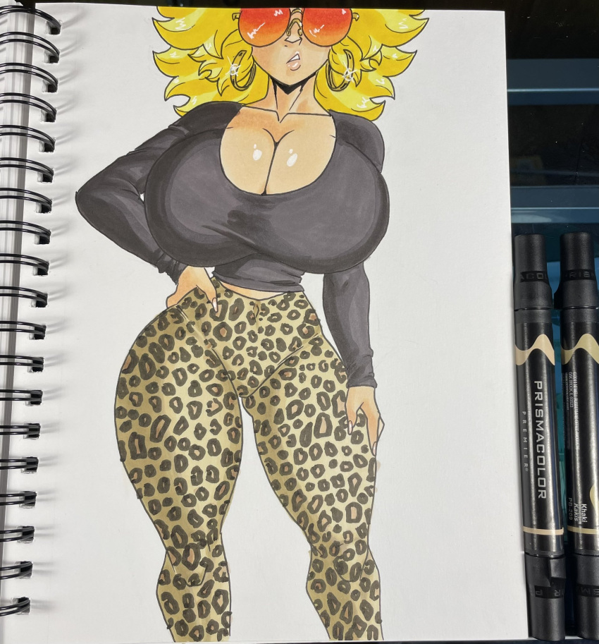 big_breasts blonde_hair clothed earrings hips huge_breasts human humanoid kaitlin_(northernjeremiah) leopard_print lip_gloss lips milf northernjeremiah sunglasses thick_thighs wide_hips