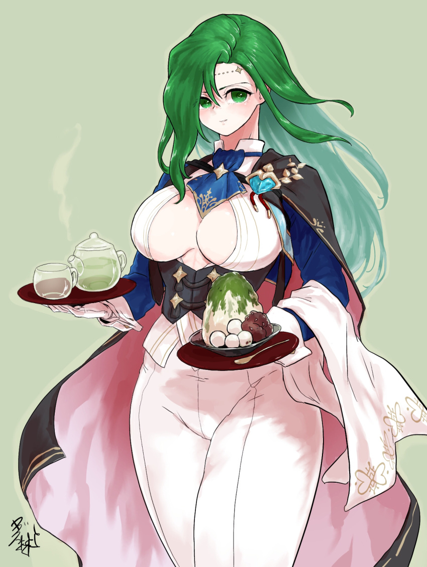 1girls alternate_costume annand_(fire_emblem) breasts cape cleavage cosplay female female_only fire_emblem fire_emblem:_genealogy_of_the_holy_war fire_emblem_heroes green_eyes green_hair large_breasts light-skinned_female light_skin long_hair looking_at_viewer maid sigurd_(fire_emblem)_(cosplay) smile solo ta_dasu_(tadasu_hayashi) very_long_hair waitress