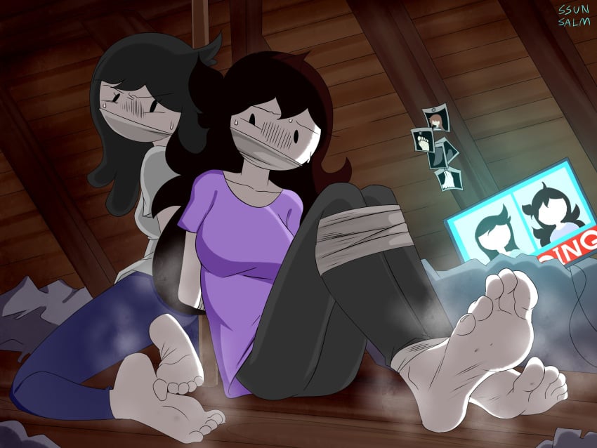 2girls 5_toes background black_hair bound brown_hair confused detailed_background detailed_feet feet foot_fetish foot_focus jaiden jaiden_animations jaidens_mom kidnapped looking photo_(object) purple purple_shirt soles ssunsalm steam sweat sweatdrop television tied_up toes viewer white_skin