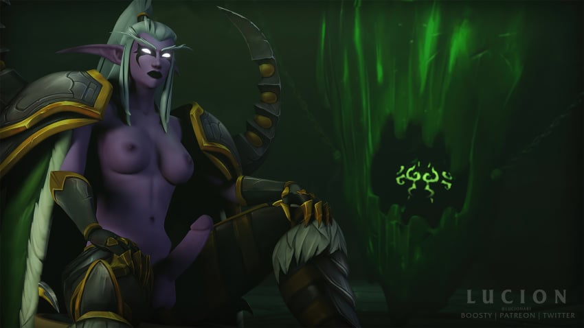 1futa 3d 3d_(artwork) blizzard_entertainment boots breasts cape erect_penis erection futa_only futanari illidan_stormrage lucionart maiev_shadowsong nipples warcraft white_hair world_of_warcraft