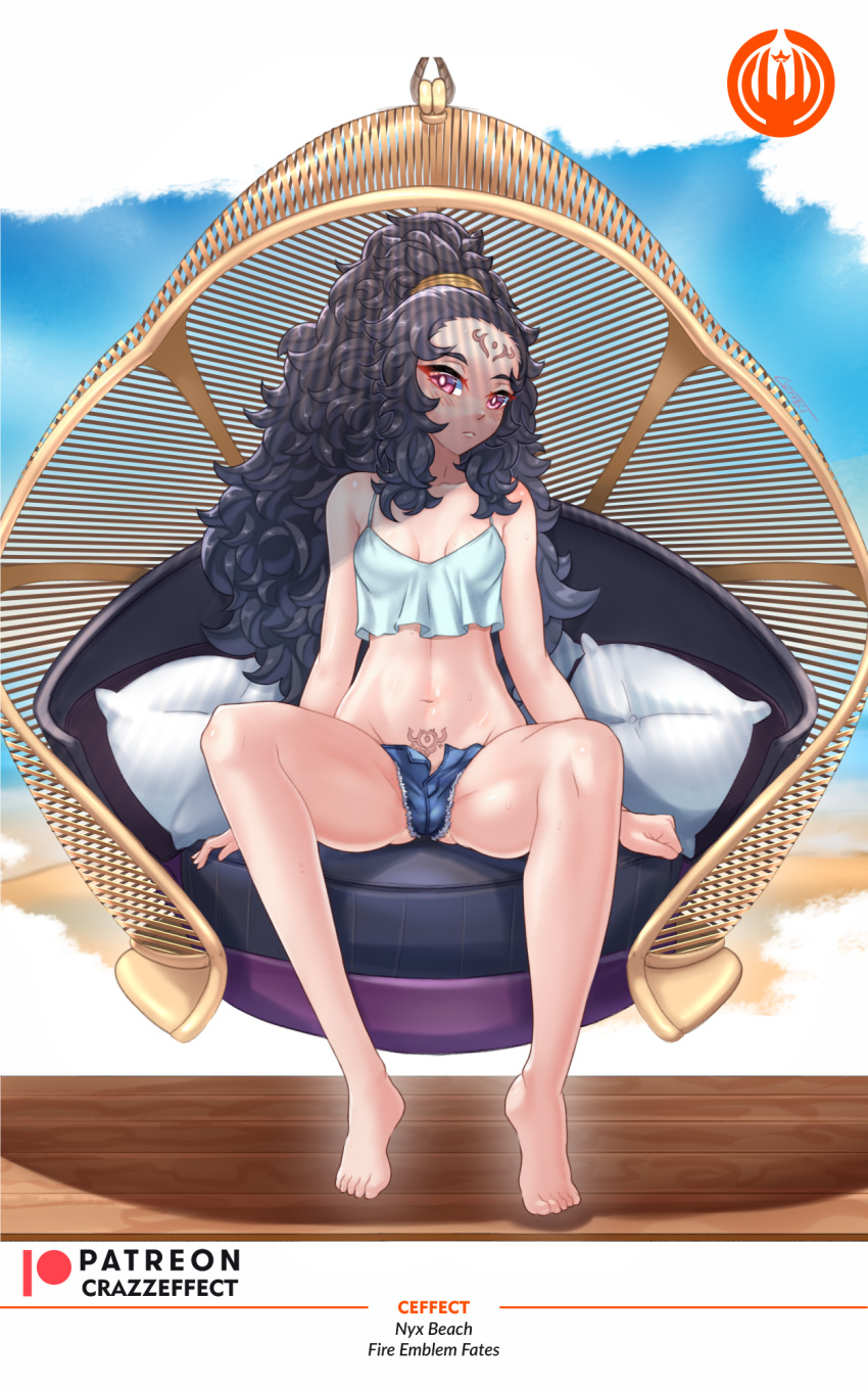 1girls alternate_hairstyle bare_legs bare_midriff bare_shoulders barefoot beach black_hair breasts collarbone crazzeffect facial_mark female female_only fire_emblem fire_emblem_fates legs long_hair looking_at_viewer midriff nintendo nyx_(fire_emblem) ocean outdoors pink_eyes ponytail pubic_hair pubic_tattoo shorts shoulders sitting small_breasts solo tank_top tattoo very_long_hair wavy_hair white_background