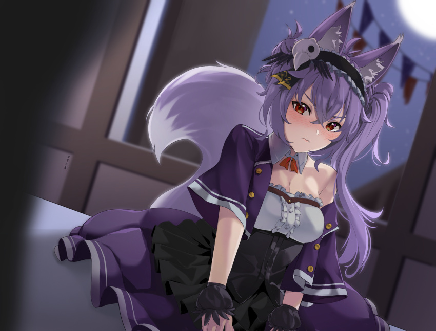 1girls animal_ears big_breasts blush breasts embarrassed female female_only hair_ornament headdress indoors kitsuneko_mewten light-skinned_female light_skin looking_at_viewer nose_blush omasama_(omazenzenn) pixela_isekai pixela_project purple_hair red_eyes skull_hair_ornament solo tail virtual_youtuber