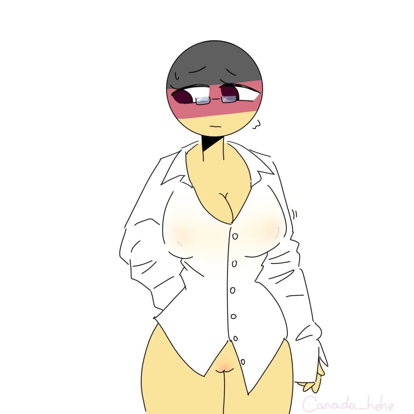 1girls blushing_pussy breasts countryhumans countryhumans_girl germany_(countryhumans) glasses pussy pussy_blush white_background xx.canada.xx