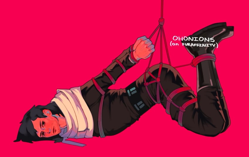 aizawa_shouta black_hair boku_no_hero_academia bondage eraserhead legs_together legs_up male male_focus male_only muscular_male my_hero_academia ohonions rope rope_bondage shouta_aizawa tied_up