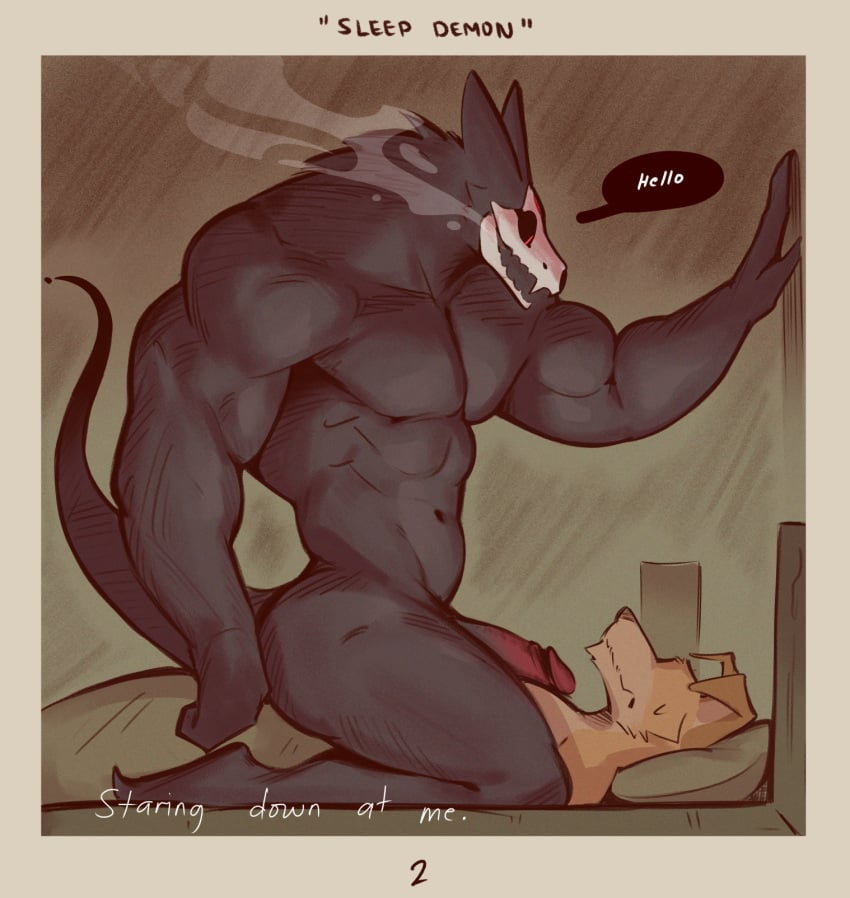 anthro bed black_body brown_body brown_fur canid canine duo english_text fur furniture gay genitals greeting hi_res humanoid_genitalia humanoid_penis male mammal muscular muscular_male on_bed on_top penis pillow red_eyes sleep_paralysis_demon tail text wolfanine