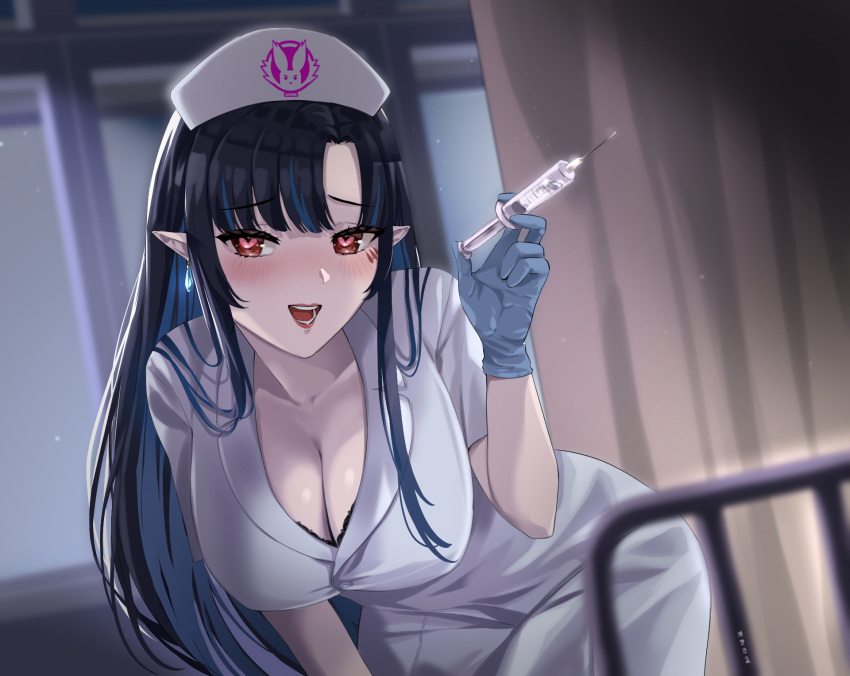 1girls black_hair blue_gloves blush breasts cleavage clothed clothing female female_only gloves hat heart-shaped_pupils huge_breasts indoors light-skinned_female light_skin looking_at_viewer nurse nurse_cap nurse_uniform omasama_(omazenzenn) pixela_legends pixela_project pointy_ears red_eyes solo symbol-shaped_pupils syringe umino_ciala virtual_youtuber