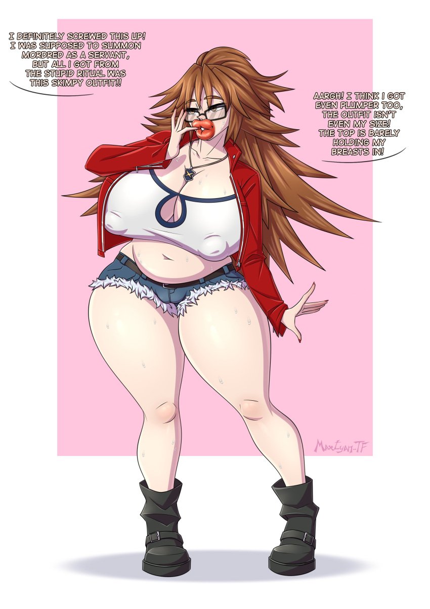 bimbo english_text fat fat_bastard fate_(series) glasses huge_ass huge_breasts jinako_carigiri maxtyan-tf midriff navel signature text thick_lips thick_thighs wide_hips