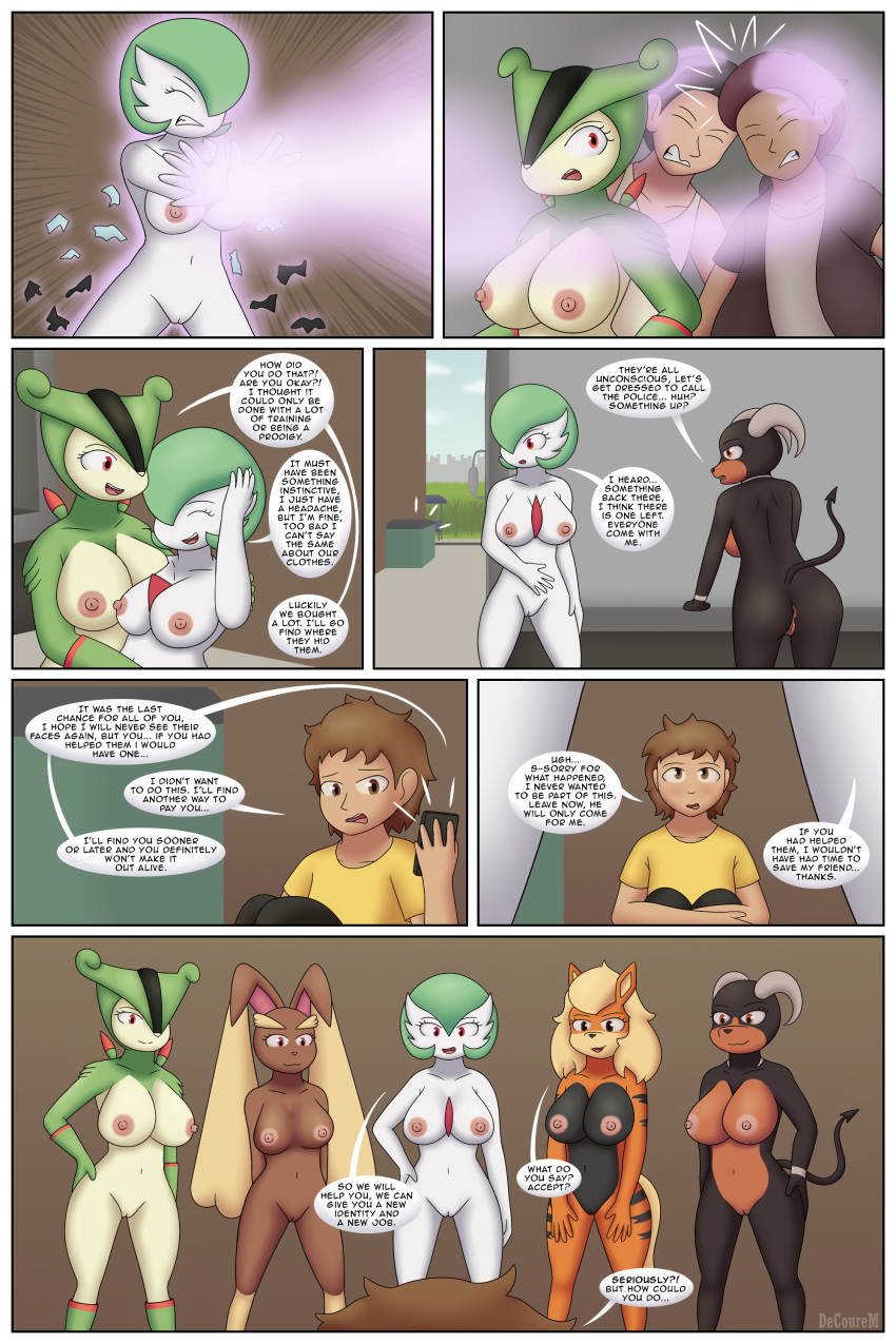 2:3 absurd_res alley anthro arcanine big_breasts black_body black_fur blonde_hair breasts brown_body brown_fur colored comic decourem dialogue english_text female fur gardevoir gender_transformation generation_1_pokemon generation_2_pokemon generation_3_pokemon generation_4_pokemon generation_5_pokemon genitals green_body green_hair group hair hi_res hiding horn houndoom human knockout legendary_pokemon lopunny male mammal mtf_transformation nintendo nipples nude orange_body orange_fur pokemon pokemon_(species) pokemon_move pre-transformation psychic_powers pussy species_transformation speech_bubble tan_body tan_fur text threat transformation violence virizion white_body