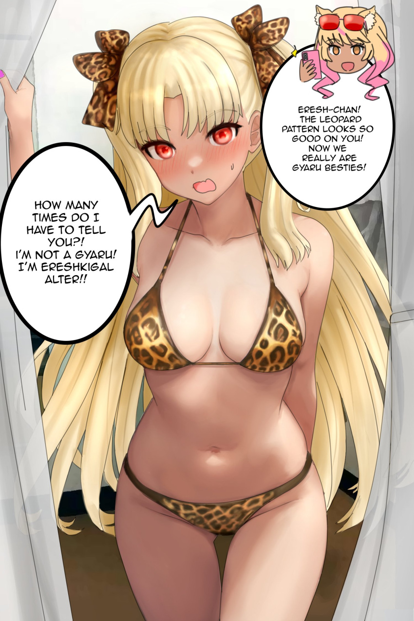 2girls alternate_version_available bare_shoulders bikini bikini_bottom bikini_top blonde_hair blush blush_lines english english_text ereshkigal_(fate) ereshkigal_alter_(fate) fate/grand_order fate_(series) female female_only hair_ribbons leopard_print leopard_print_bikini leopard_print_hair_ribbons long_hair multiple_girls navel pink_hair pink_highlights ponytails raskasar red_eyes small_breasts speech_bubble sunglasses sunglasses_on_head suzuka_gozen_(fate) tan_body tanned tanned_female tanned_skin text text_bubble two_tone_hair yellow_eyes