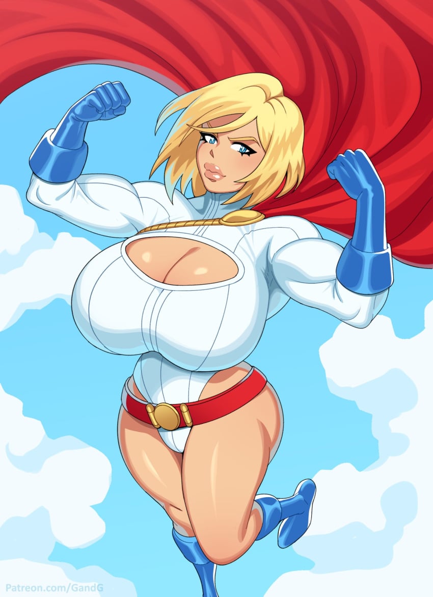 big_ass big_breasts big_lips blonde blonde_female blonde_hair blue_boots blue_eyes boob_window busty cape cleavage dc dc_comics flying gandg hips hips_wider_than_shoulders huge_ass huge_breasts human kryptonian lips muscle_arms muscular muscular_female power_girl red_cape short_hair solo superheroine top_heavy