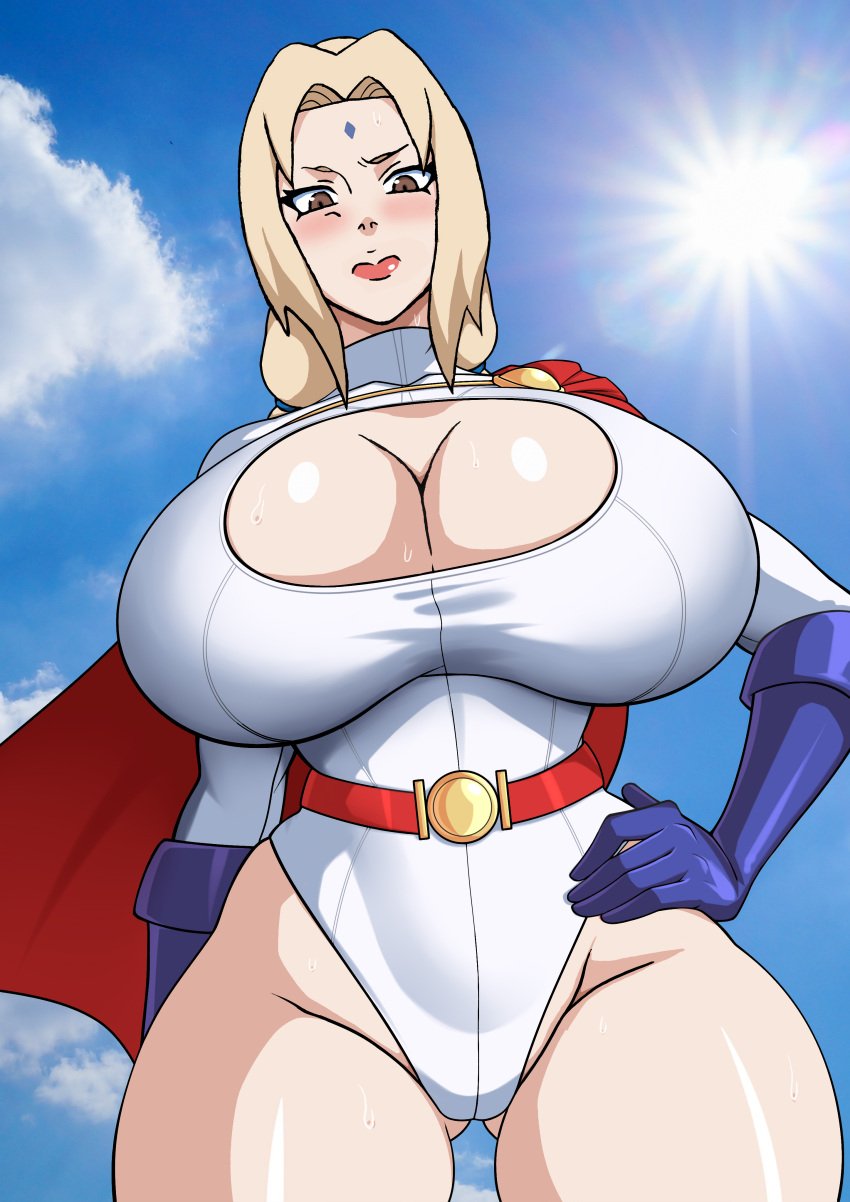 1girls angry big_breasts blonde_hair blush boob_window brown_eyes busty cleavage cloud cosplay dc dc_comics female female_only from_below fully_clothed gloves hourglass_figure leotard lipstick muscular_female naruho naruko89 naruto naruto_shippuden portrait power_girl power_girl_(cosplay) red_cape revealing_clothes sky solo sunlight superheroine sweat thick_thighs tsunade twintails voluptuous