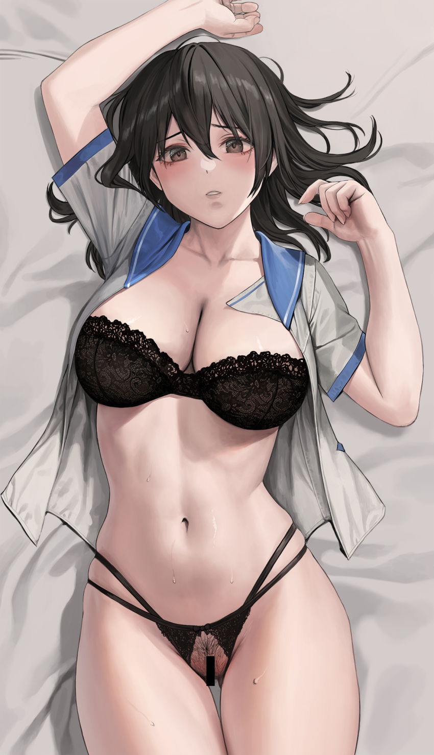 alternate_breast_size bar_censor black_bra bra breasts censored crotchless crotchless_panties female highres himeragi_yukina jeneral large_breasts panties pubic_hair solo strike_the_blood underwear