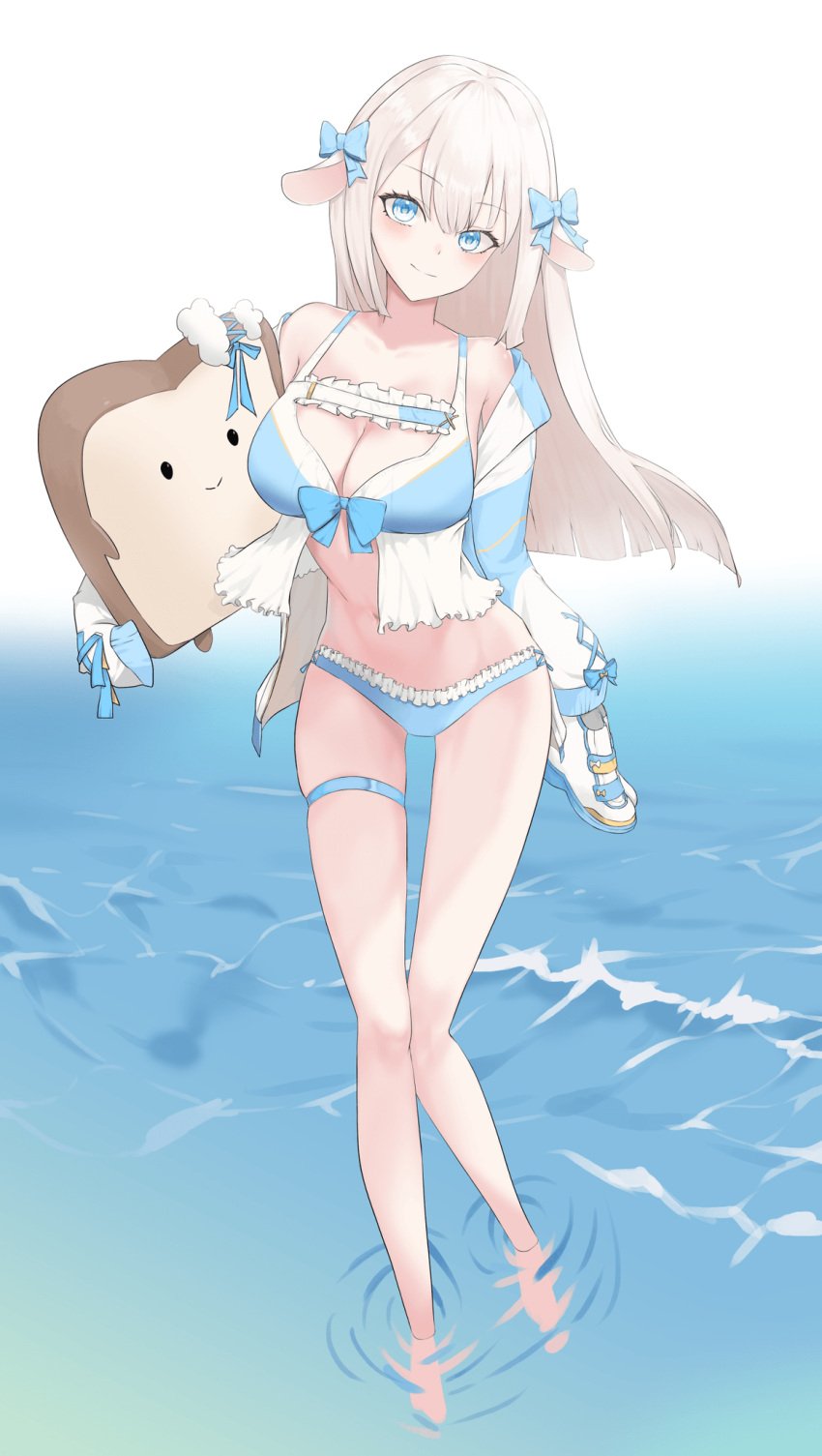 1girls animal_ears belly_button big_breasts bikini blue_eyes blush breasts cleavage eyebrows_visible_through_hair female female_only light-skinned_female light_skin merry_chrimcheez outside plushie puruhol sheep_ears sheep_girl solo swimsuit virtual_youtuber vrecord water white_hair