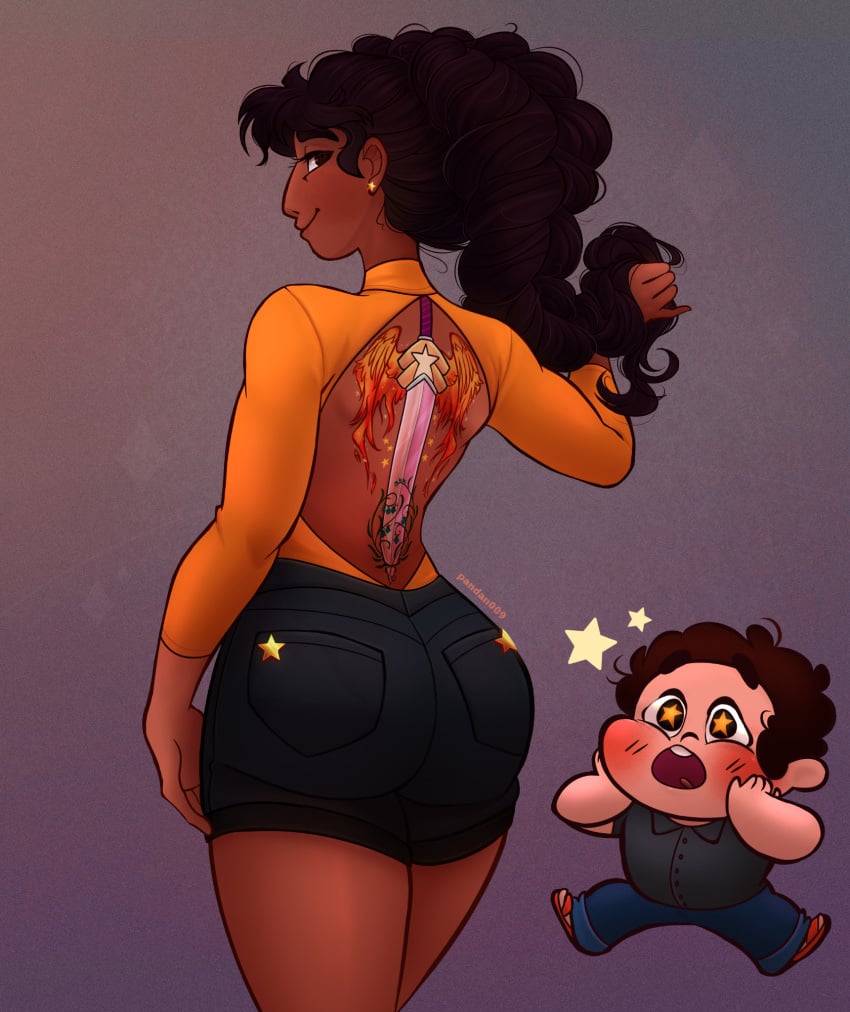 admiring ass back_tattoo back_view backless_outfit blush braided_hair chibi chubby chubby_male connie_maheswaran dark-skinned_female hand_on_hair indian_female long_hair looking_at_viewer looking_back santan999 screwpinecaprice short_shorts smiling smiling_at_viewer solo solo_female starry_eyes steven_quartz_universe steven_universe straight tattoo