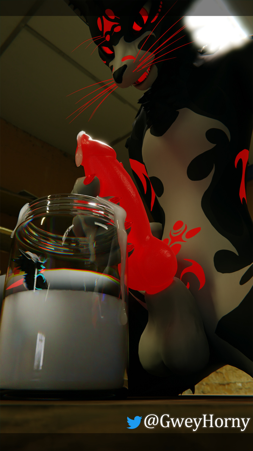 anthro balls big_dom_small_sub bodily_fluids container cum dominant duo genital_fluids genitals gweke(gwey) gwey gweyhorny hi_res jar jey(gwey) knot male male/male rexouium size_difference