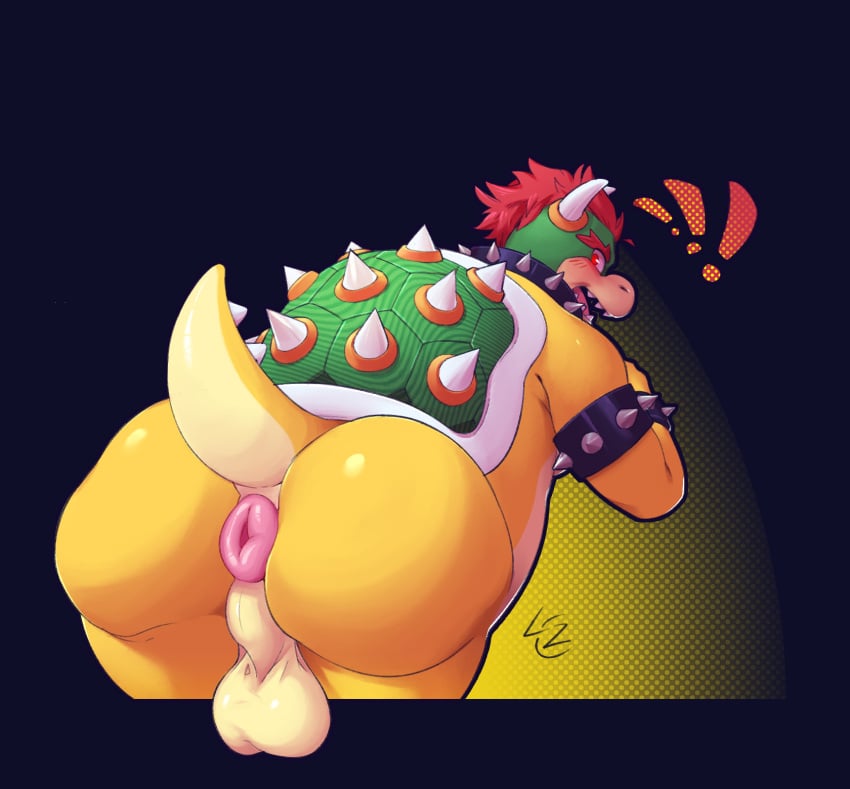 1boy abstract_background anthro anus armband ass balls blush bowser bracelet collar color_wheel_challenge exclamation_point gay gay_male genitals hi_res horn jewelry koopa lemonzealot male male_only mario_(series) nintendo overweight overweight_male puffy_anus red_eyes scalie shell solo solo_male spiked_armband spiked_bracelet spiked_collar spiked_shell spikes spikes_(anatomy) yellow_body